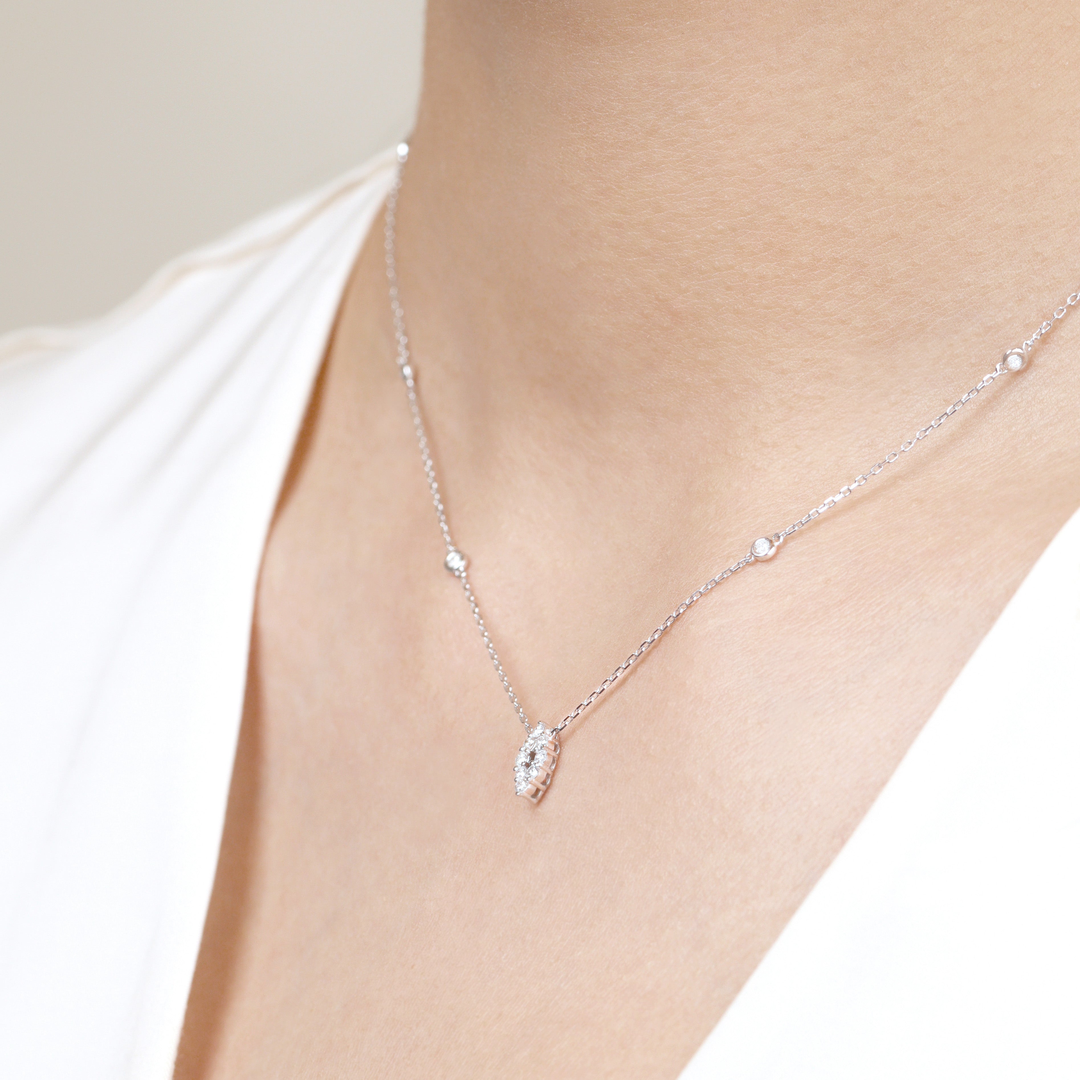 18K gold Round Brilliant Diamond Bezel Marquise Necklace 0.33ct tw. A00094 - FABER JEWELS