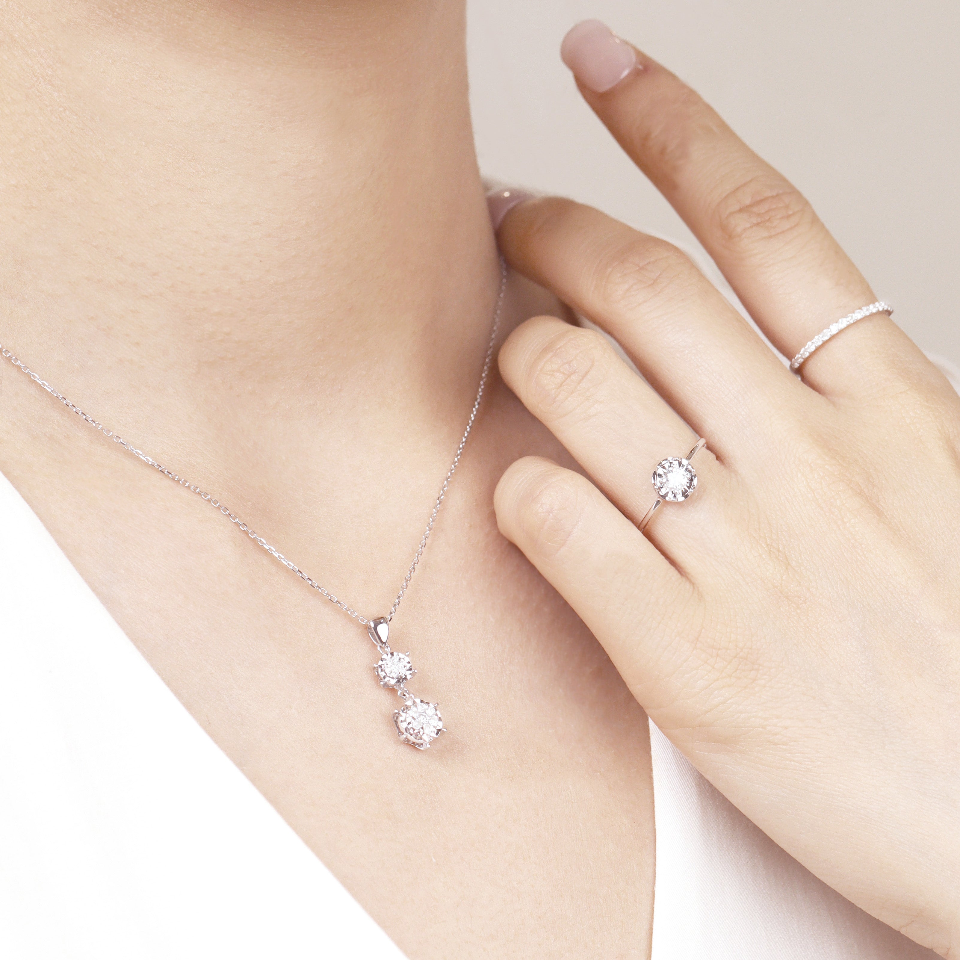 18K Gold Round Brilliant Diamond Pavé illusion Duo Necklace 0.18ct tw. A00097 - FABER JEWELS
