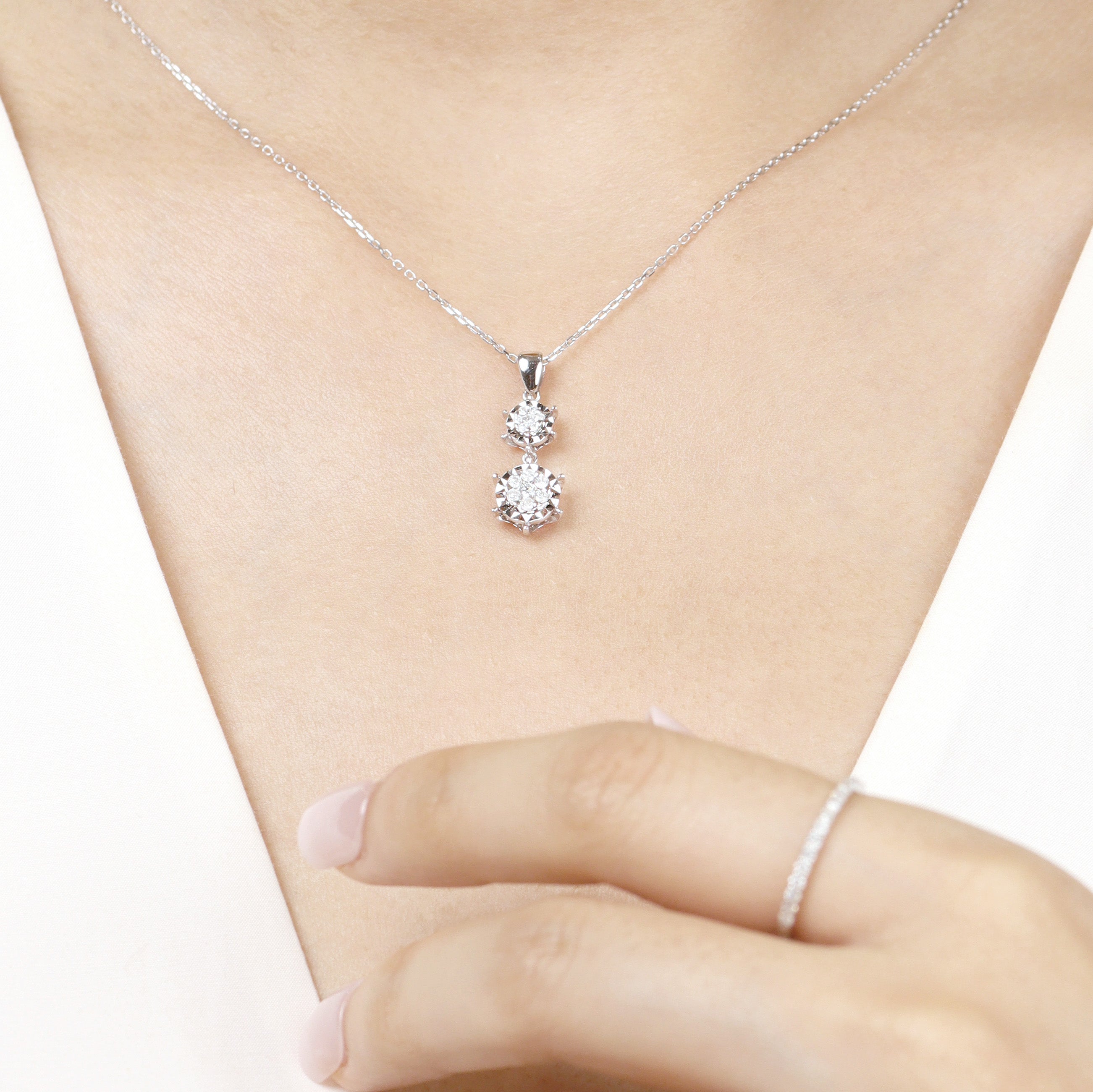 18K Gold Round Brilliant Diamond Pavé illusion Duo Necklace 0.18ct tw. A00097 - FABER JEWELS
