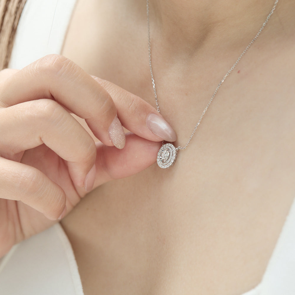 18K gold Round Brilliant Diamond Pave illusion Double Halo Oval necklace 0.30ct tw. A00098 - FABER JEWELS