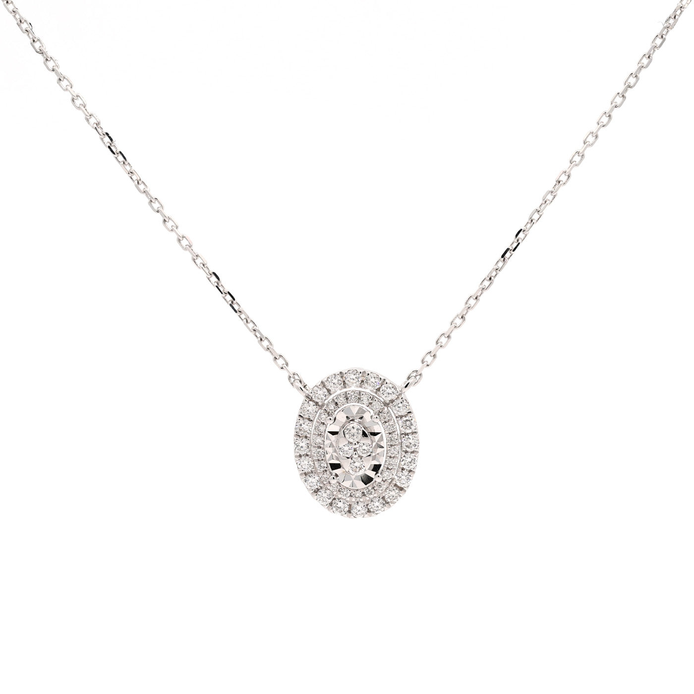 18K gold Round Brilliant Diamond Pave illusion Double Halo Oval necklace 0.31ct tw. A00098 - FABER JEWELS