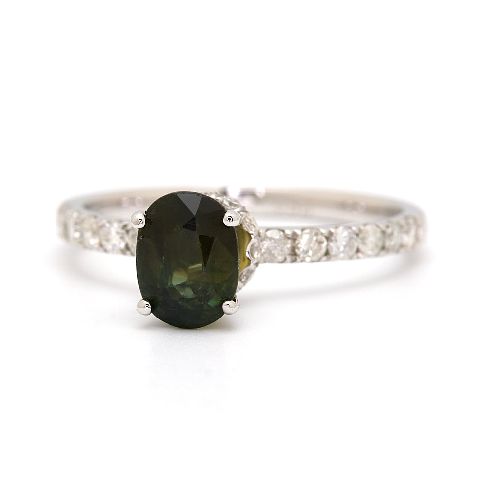 18K Gold Australian Green Sapphire Diamond Ring 1.18 ct CC0007 - FABER JEWELS