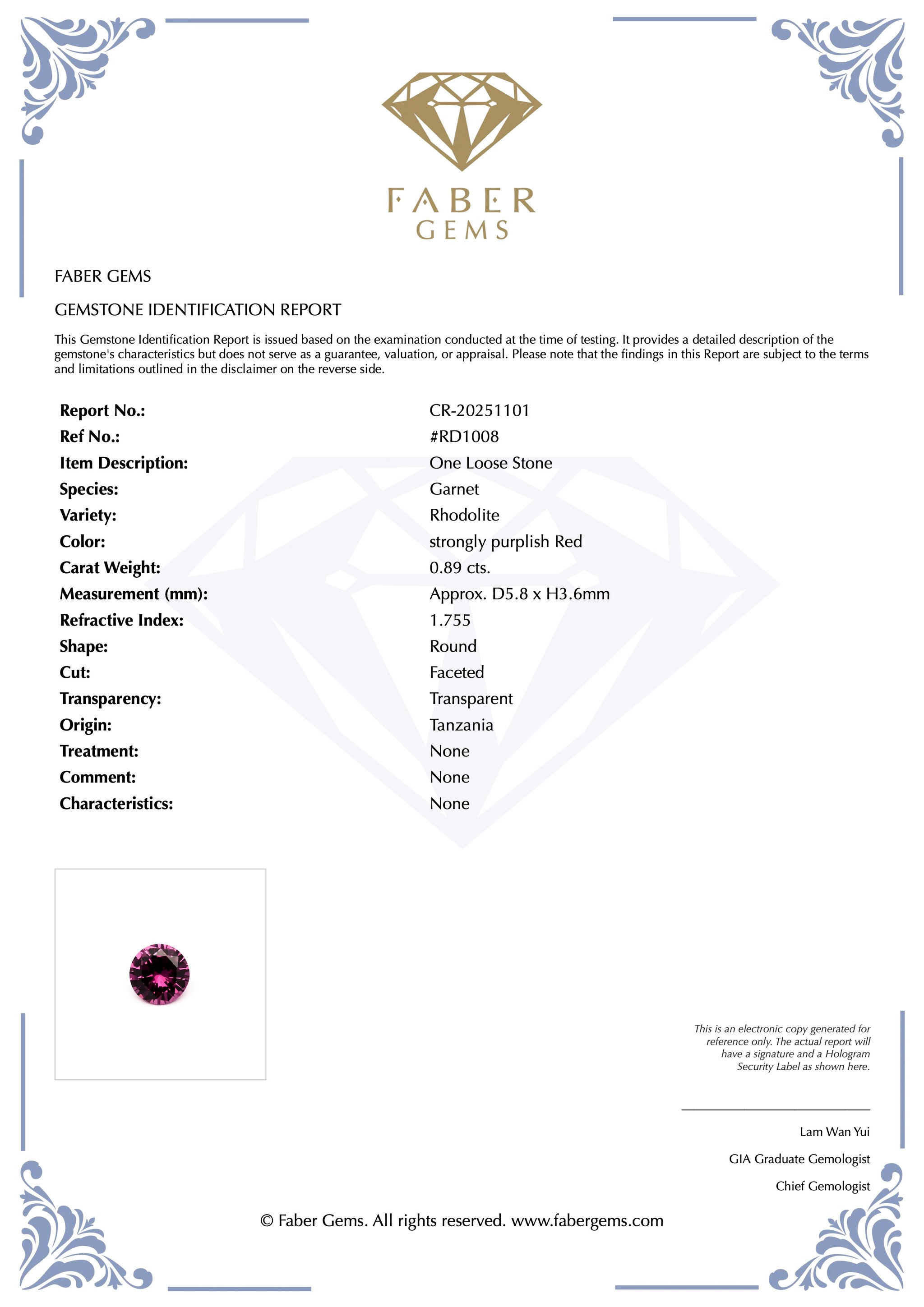 0.89ct. Rare Tanzanian Rhodolite #RD1008 - FABER JEWELS