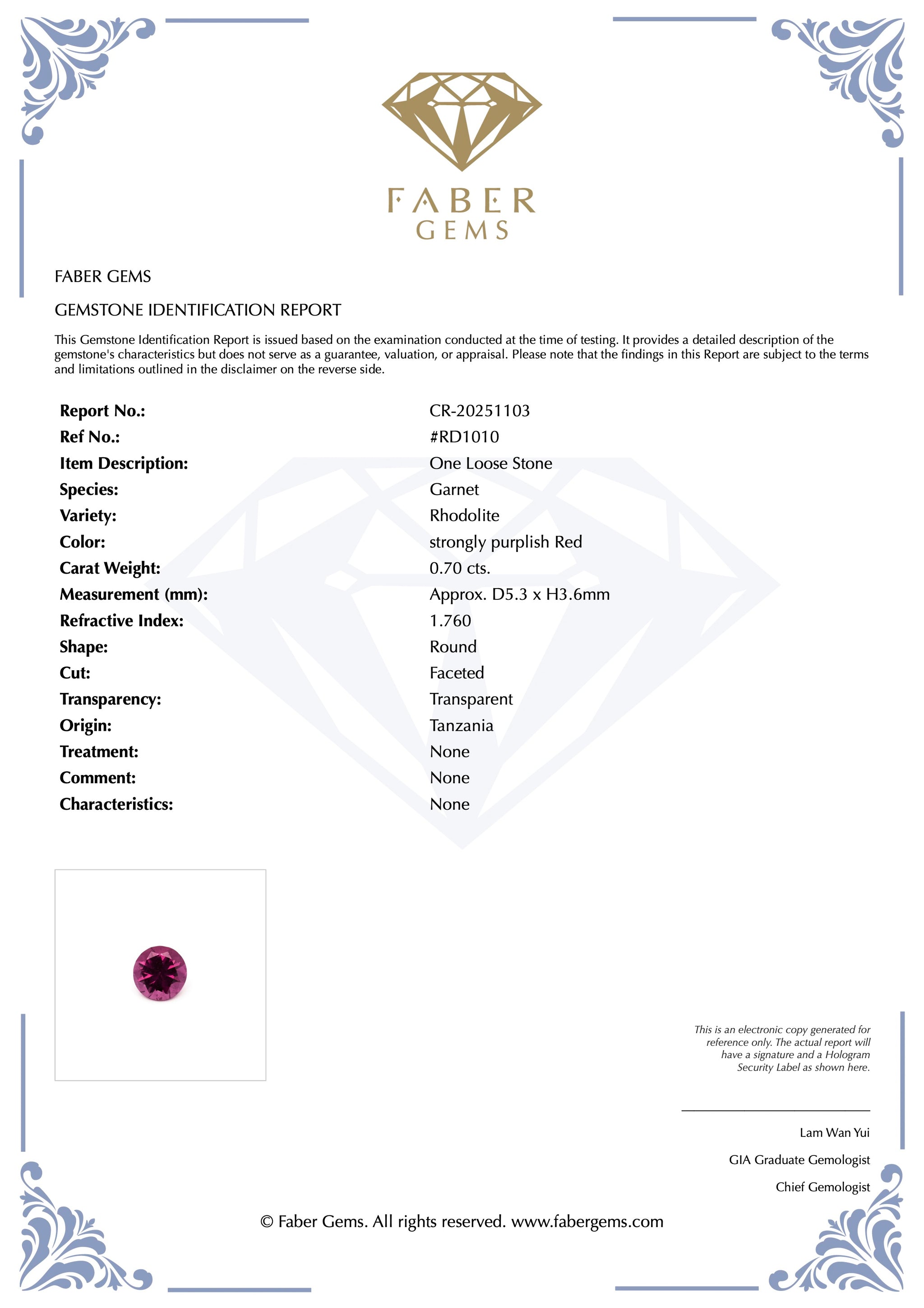 0.7ct. Rare Tanzanian Rhodolite #RD1010 - FABER JEWELS