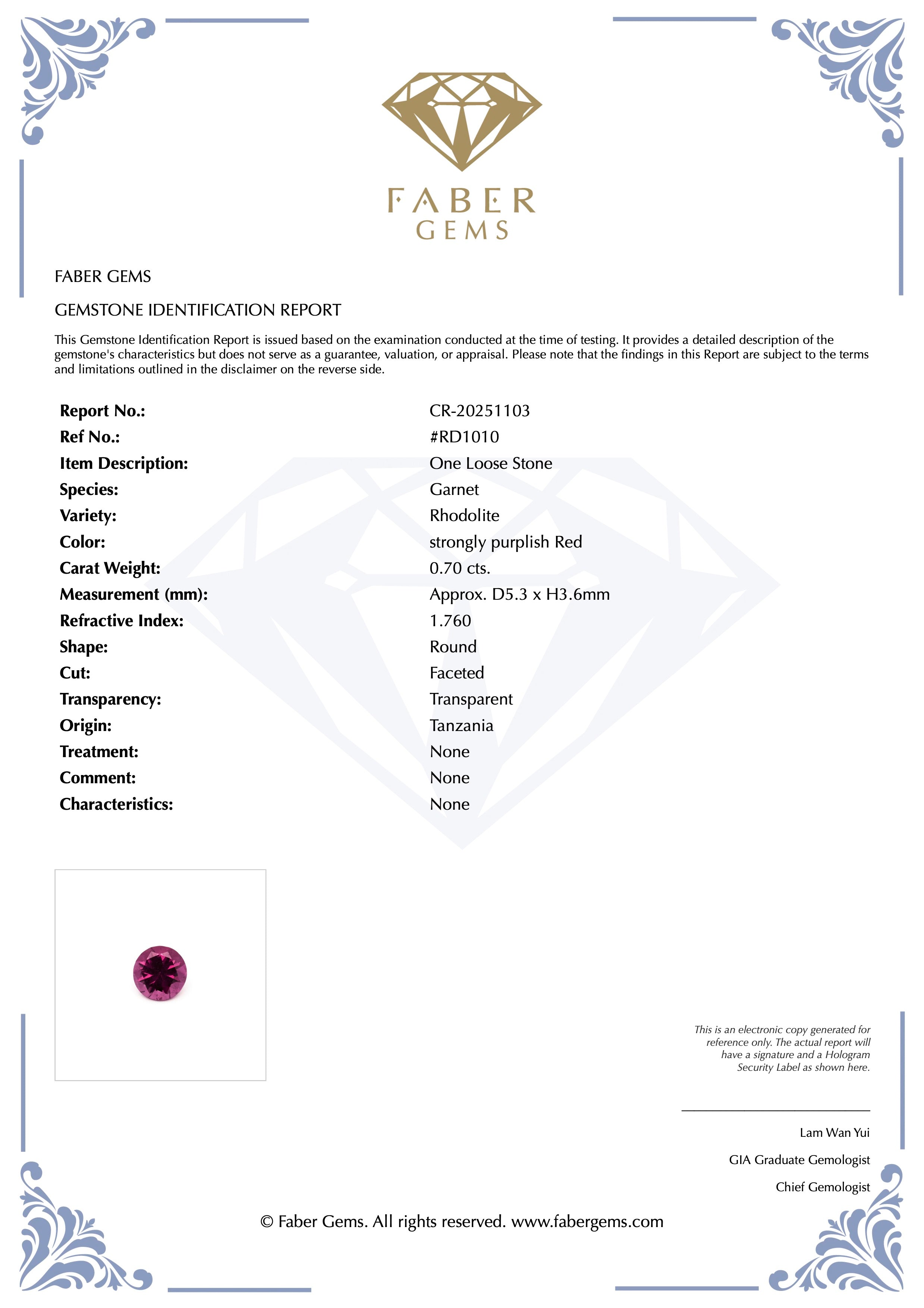 0.7ct. Rare Tanzanian Rhodolite #RD1010 - FABER JEWELS