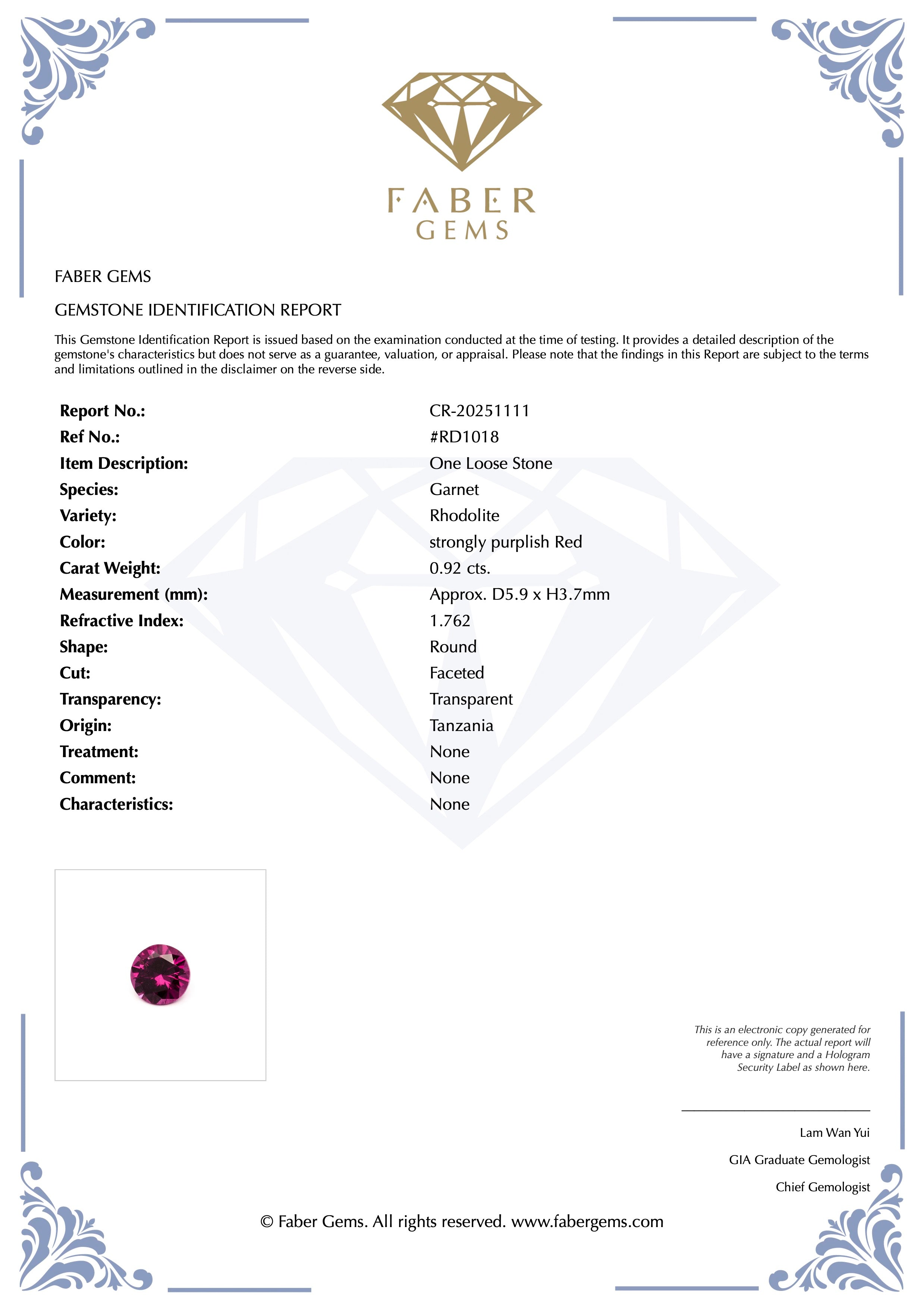 0.92ct. Rare Tanzanian Rhodolite #RD1018 - FABER JEWELS
