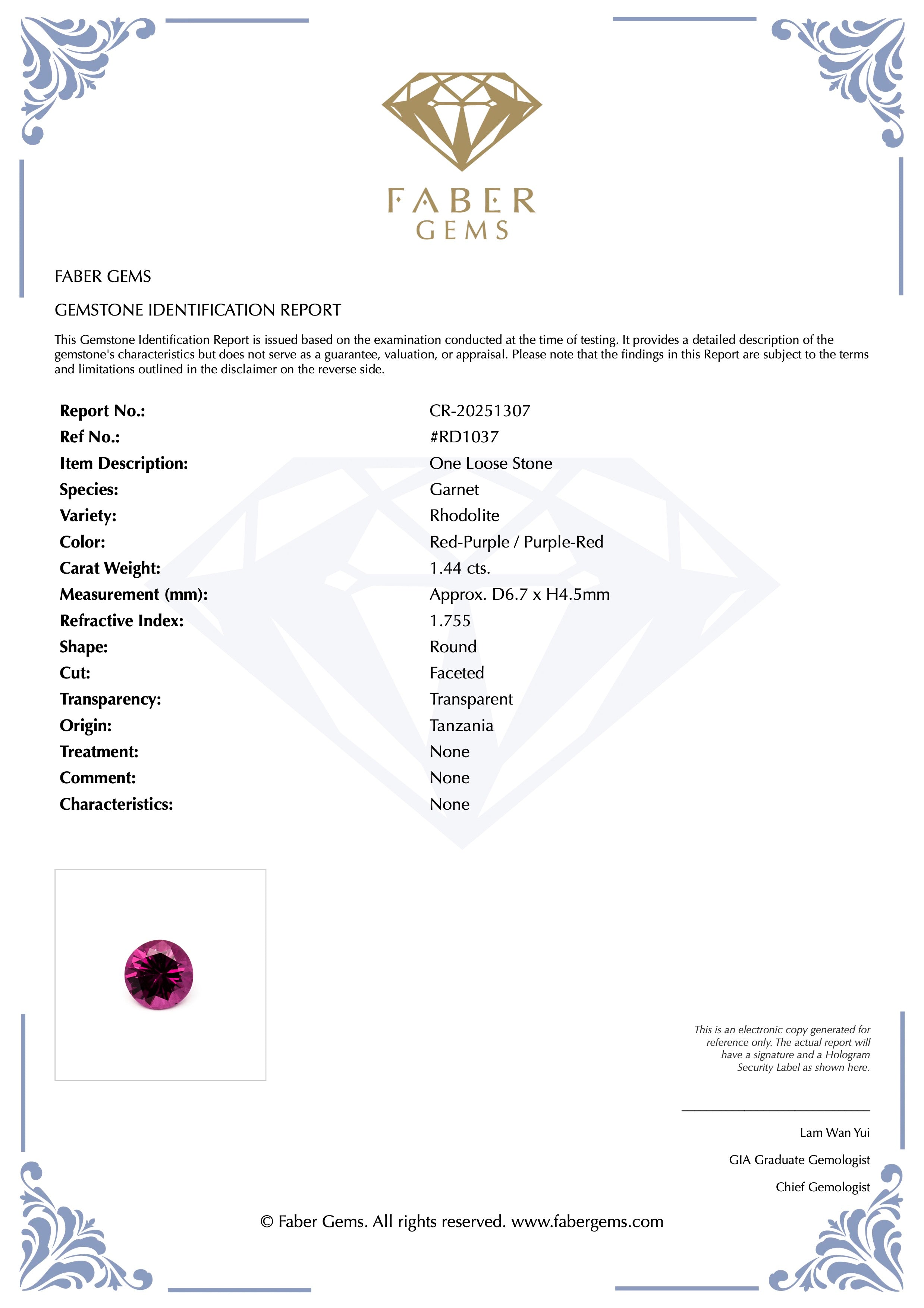 1.44ct. Rare Tanzanian Rhodolite #RD1037 - FABER JEWELS