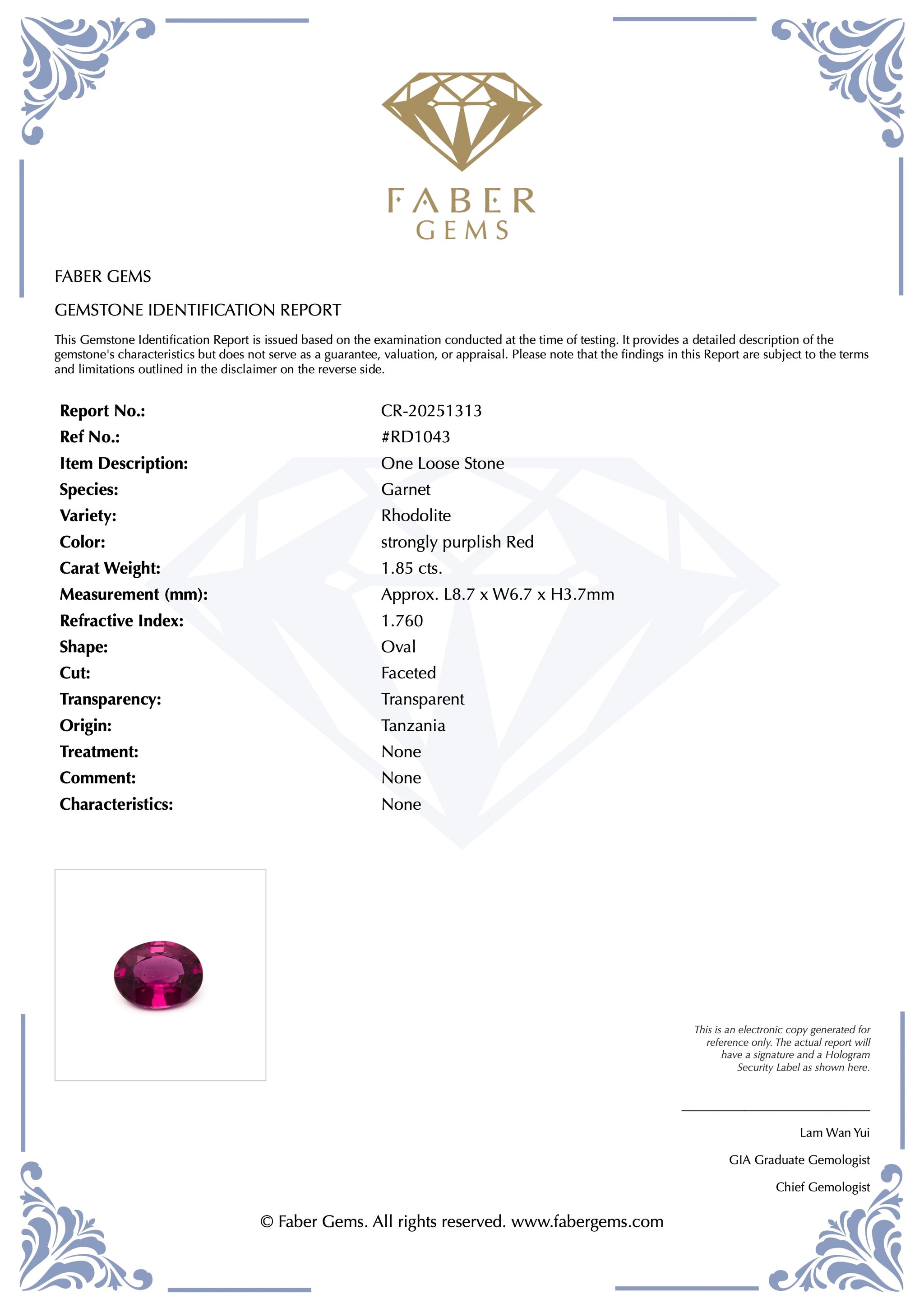 1.85ct. Rare Tanzanian Rhodolite #RD1043 - FABER JEWELS