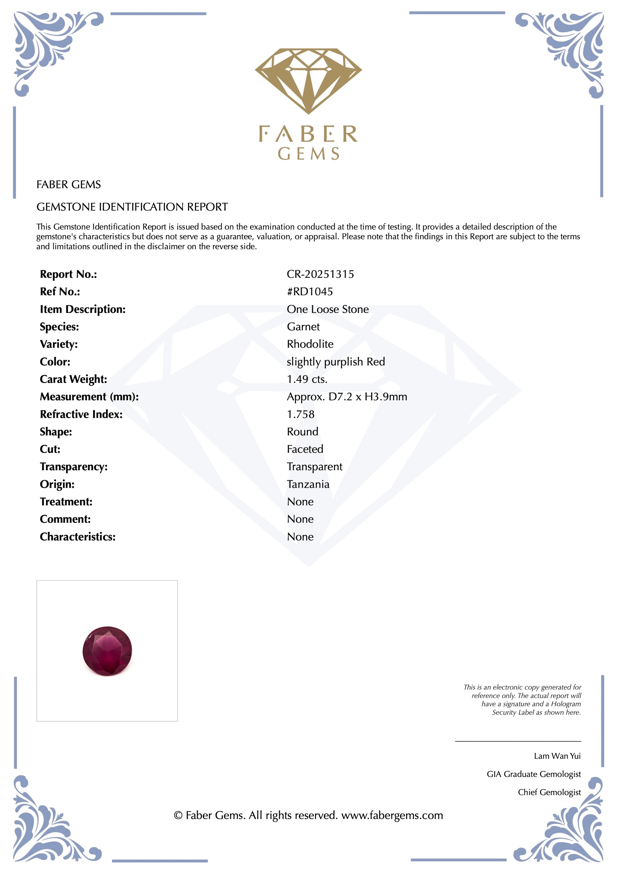 1.49ct. Rare Tanzanian Rhodolite #RD1045