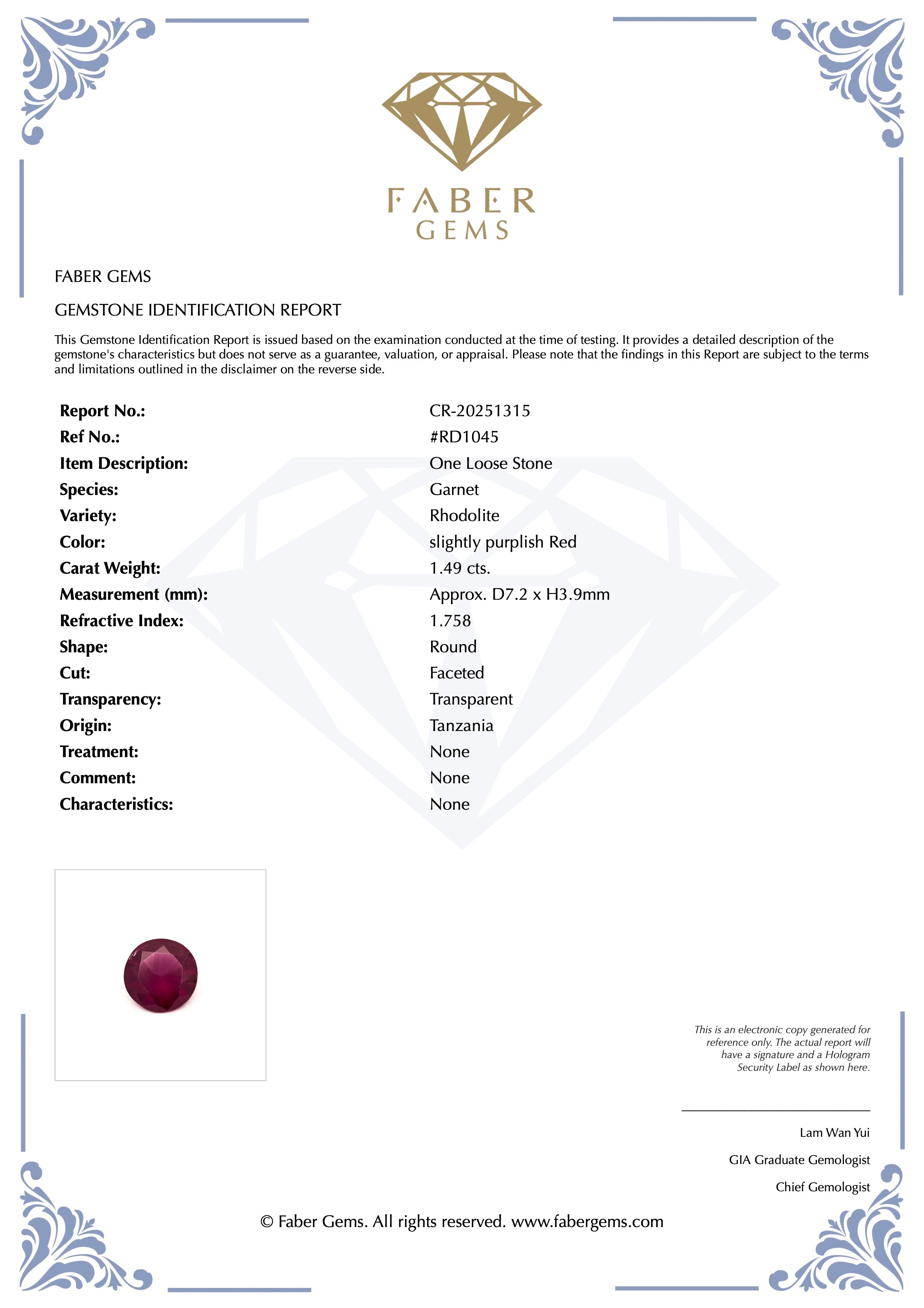 1.49ct. Rare Tanzanian Rhodolite #RD1045