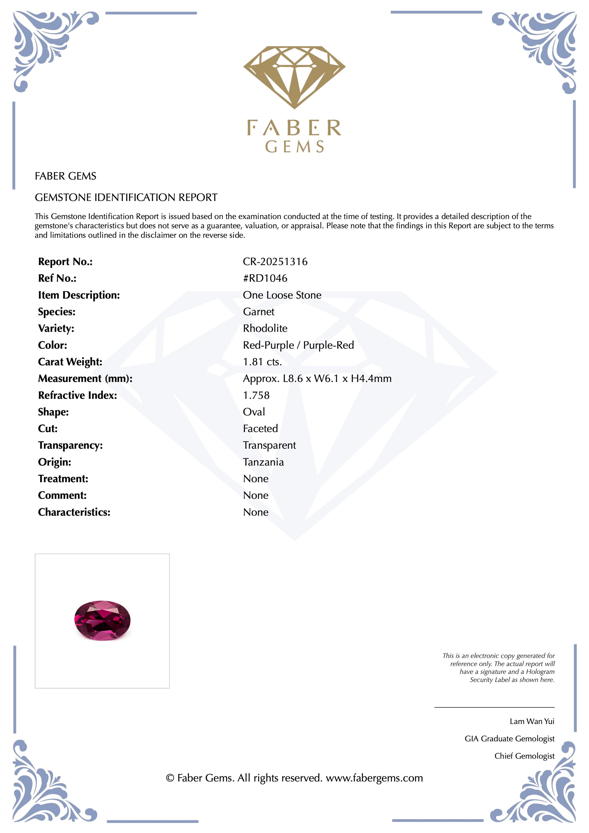 1.81ct. Rare Tanzanian Rhodolite #RD1046