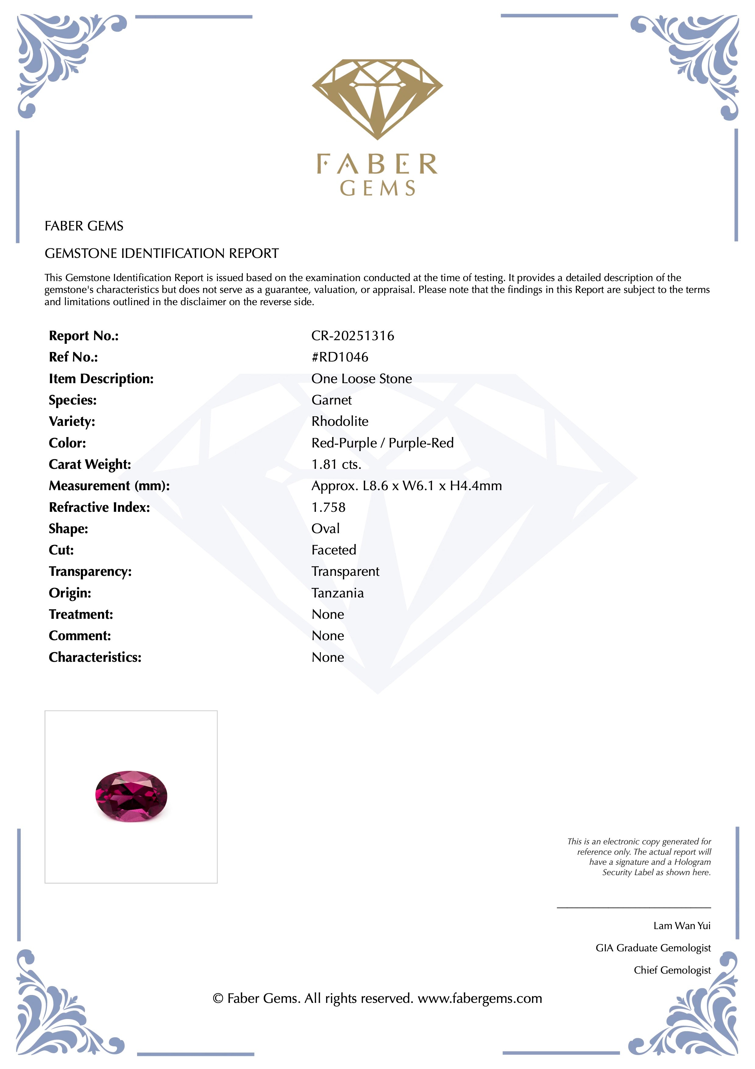 1.81ct. Rare Tanzanian Rhodolite #RD1046
