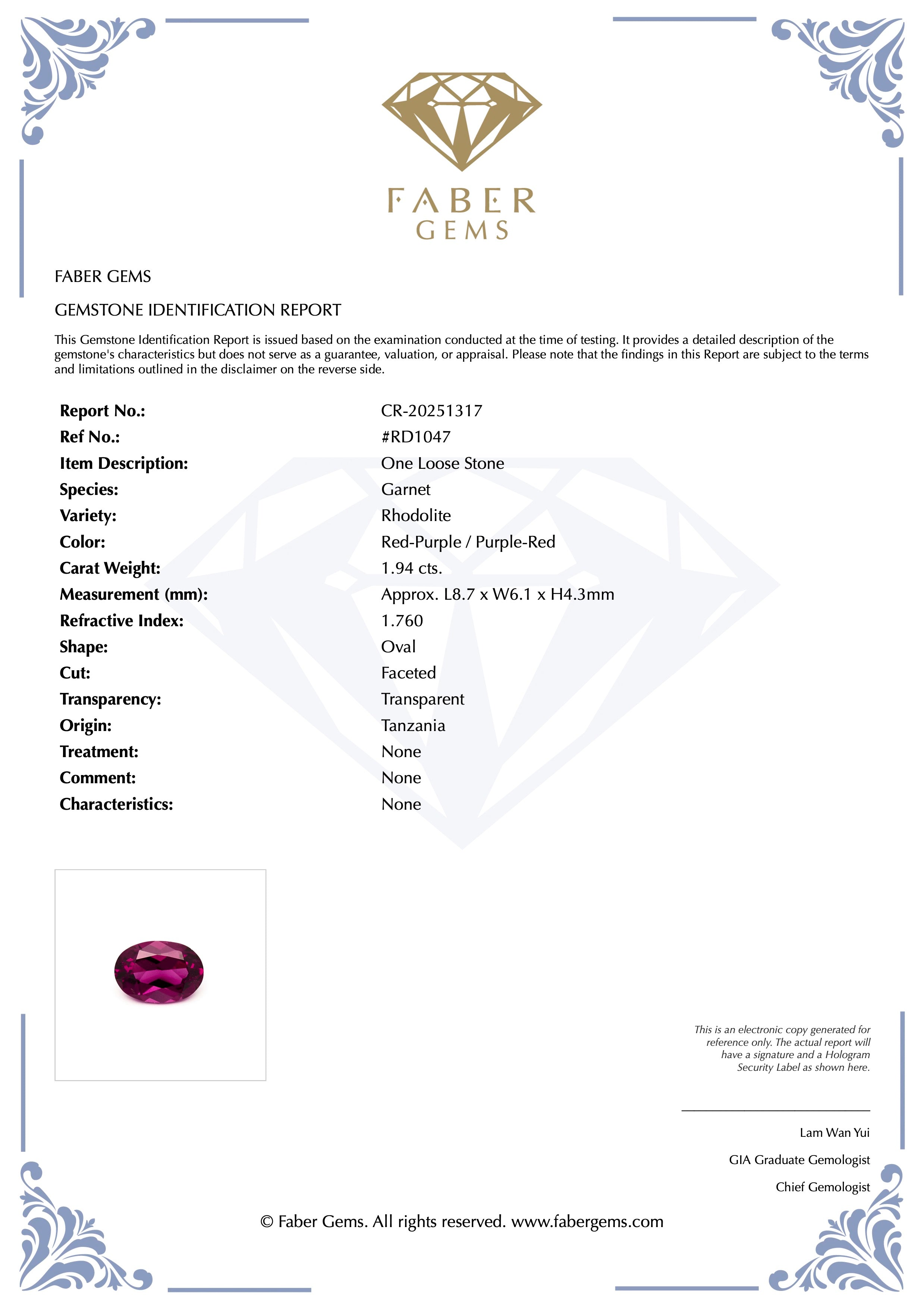1.94ct. Rare Tanzanian Rhodolite #RD1047